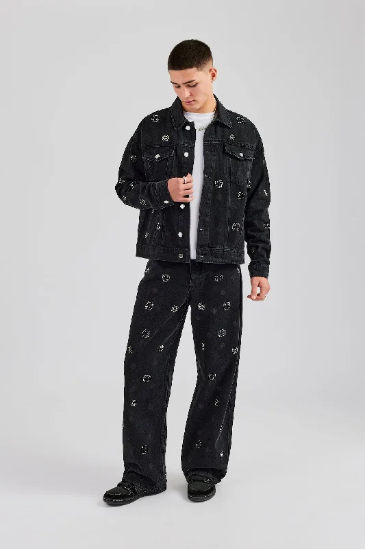 Casual Wear Oversized Embellished Denim Jacket - Washed Black