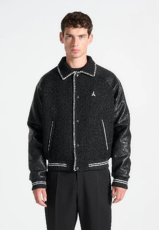 Hipster Style Tweed & Leather Varsity Jacket - Black