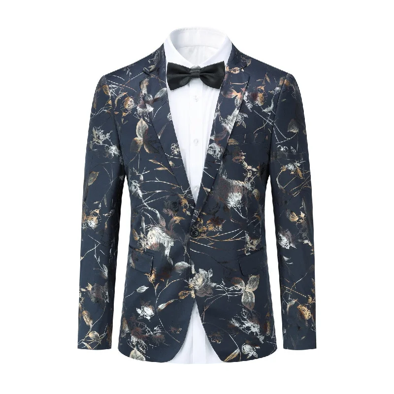 Light Jackets Slim Fit Floral Print Casual Blue Blazer