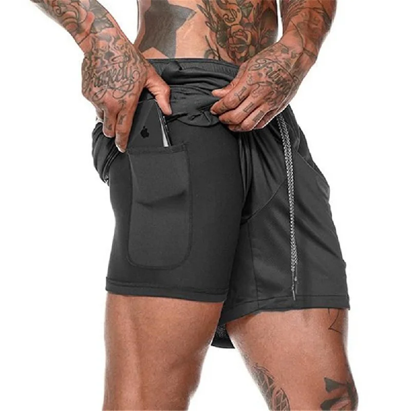 Summer Tees New Mens Double layer Phone pocket Running Shorts