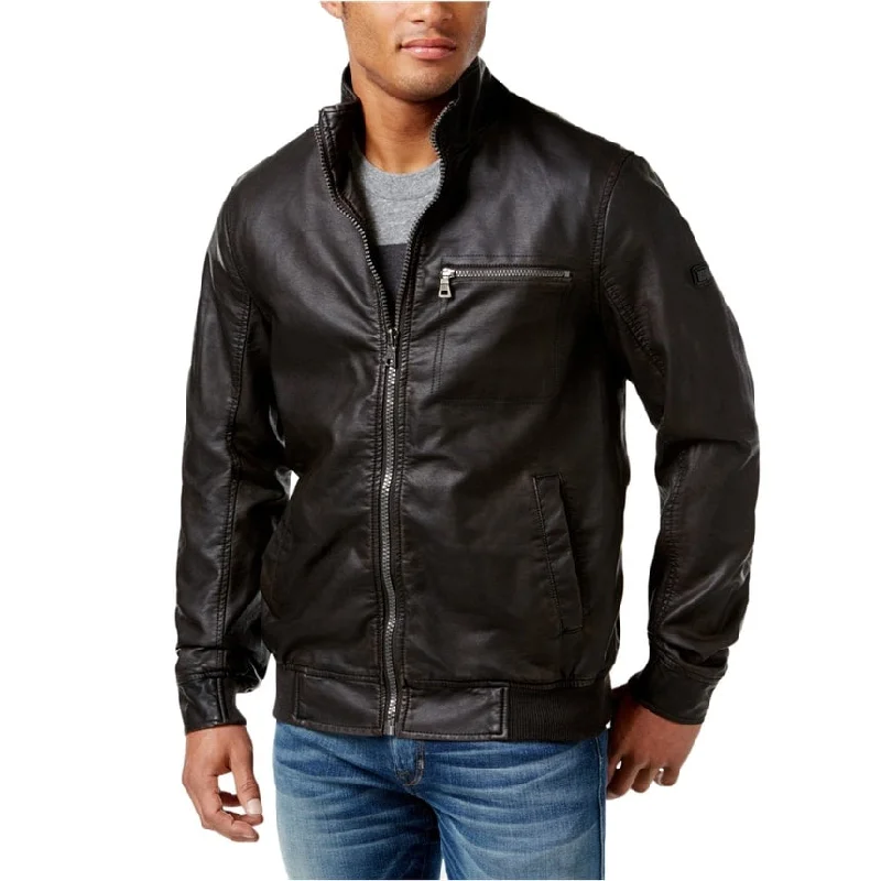 Jogging Jackets I-N-C Mens Faux Leather Motorcycle Jacket, Brown, Small