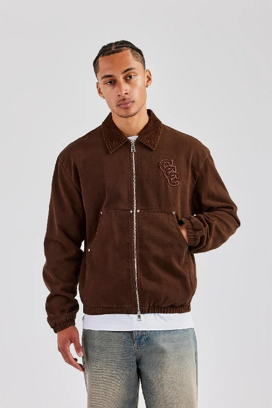 Premium Fabric Cord Collar Carpenter Twill Harrington - Chocolate