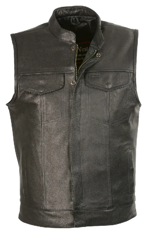 Printed Jackets Club Vest CVM3510 Men’s Black Zipper Leather Vest with Seamless Back Design