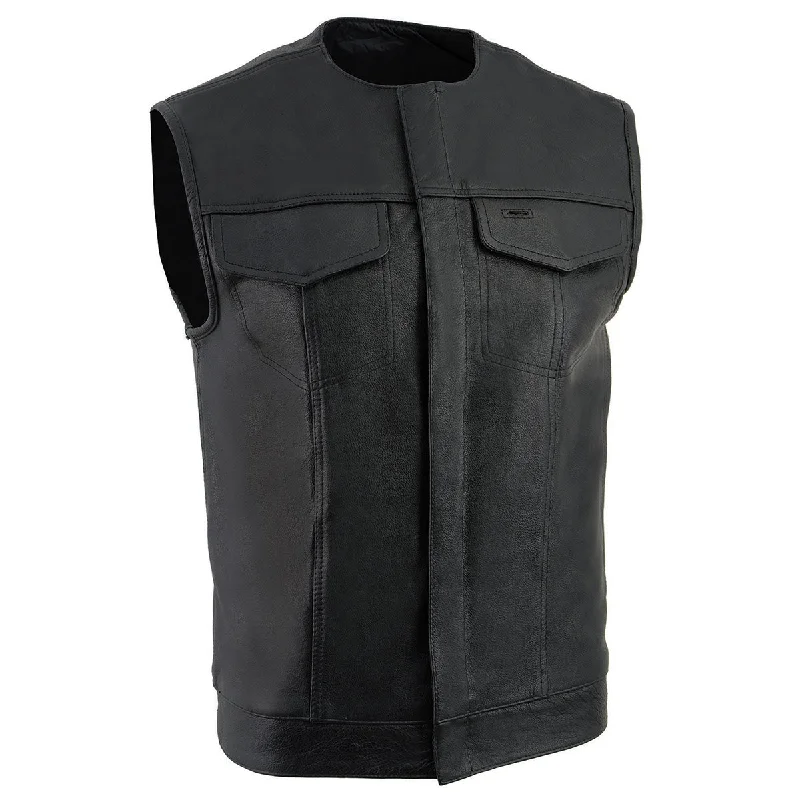 Streetwear Look Milwaukee Leather LKM3721 Men's Black Leather Collarless Club Style Motorcycle Rider Vest w/Concealed Snap Closure