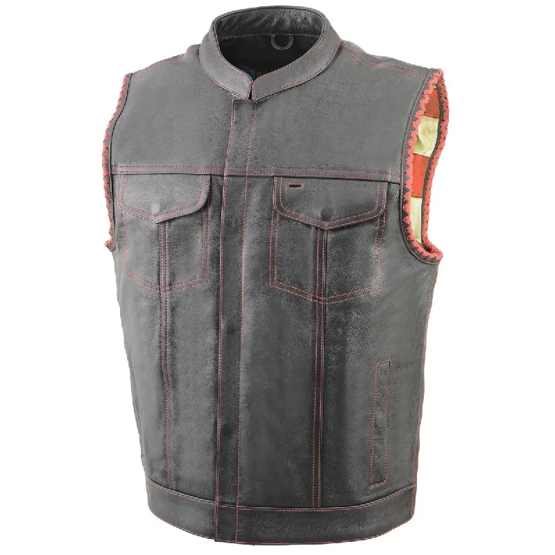 Utility Vests Milwaukee Leather MLM3506 Men's Black Premium Leather Vest - Old Glory Laced Armholes Red Stitching Club Style Vest