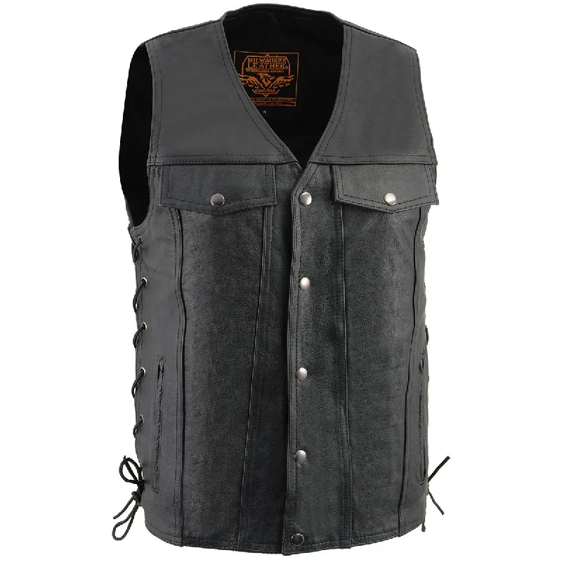 Denim Shirts Milwaukee Leather LKM1360 Men's Black Leather Classic V-Neck Motorcycle Rider Vest w/ Snap Closure and Side Laces