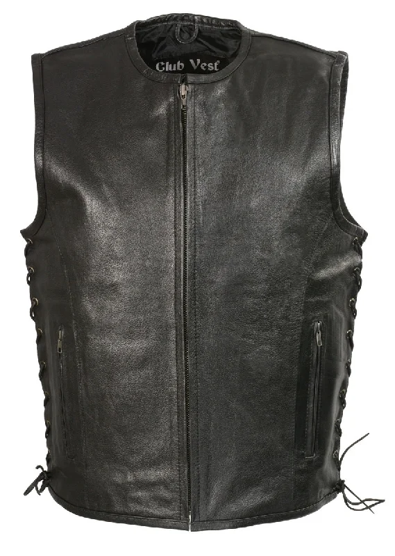 Everyday Outfits Club Vest CVM3741 Men’s Black Zipper Front Side Lace Leather Vest with Seamless Design