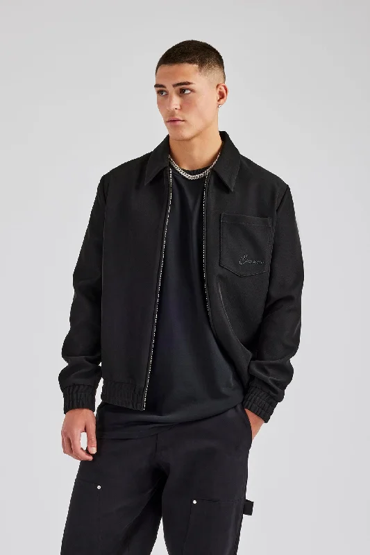 Relaxed Wear Pocket Twill Harrington Jacket - Black