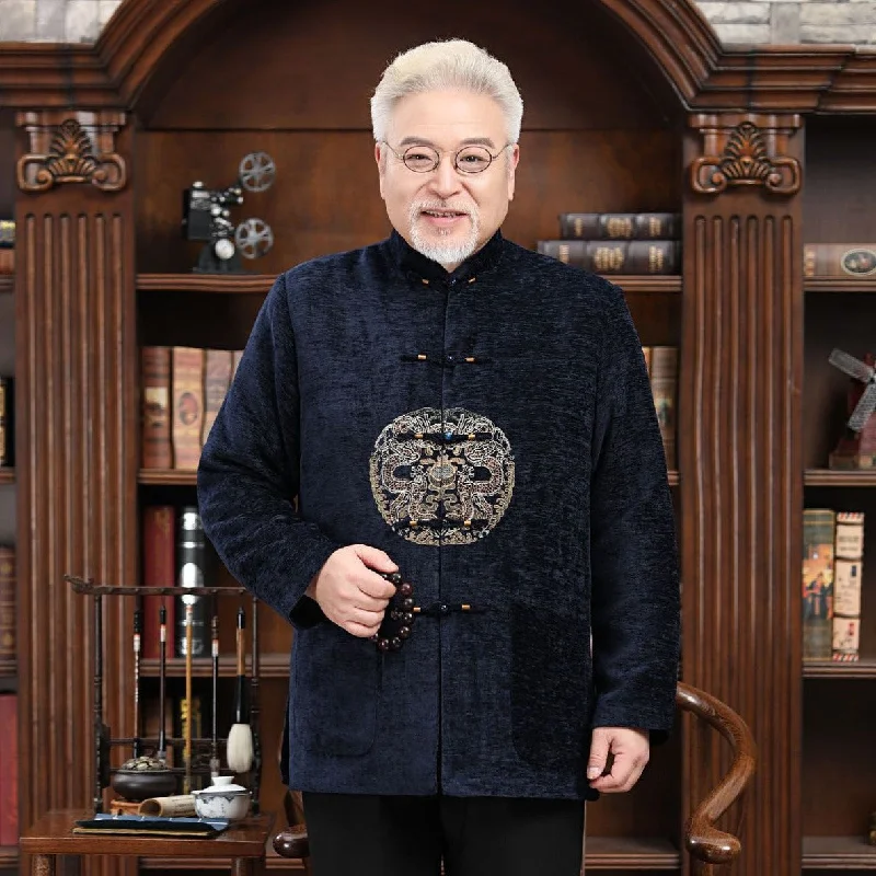 Winter Boots Mandarin Collar Dragon Embroidery Corduroy Traditional Chinese Jacket Father Coat