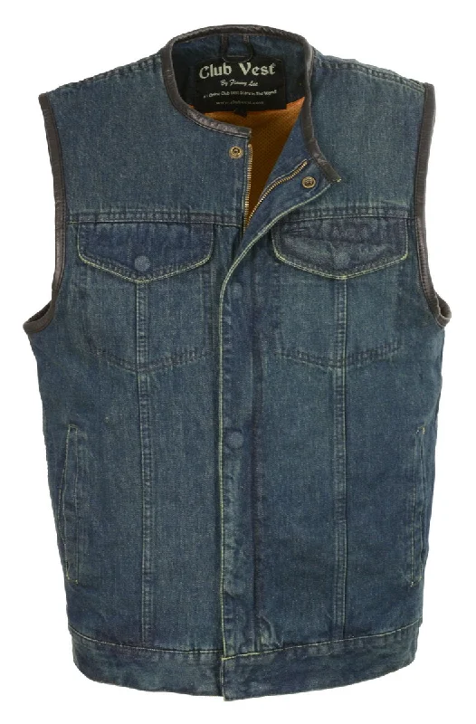 Work Boots Club Vest CV3004LT Men's Blue Collarless Denim Vest with Concealed Snaps and Hidden Zipper