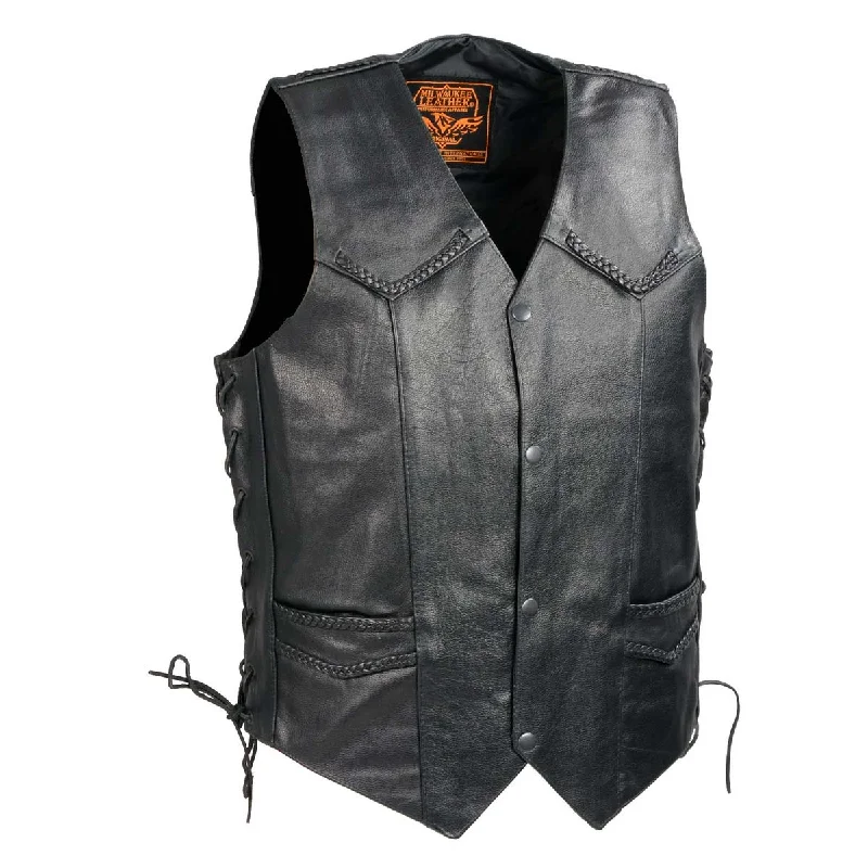 Trench Coats Milwaukee Leather SH1314 Men's Classic Black Braided Leather Vest with Side Laces