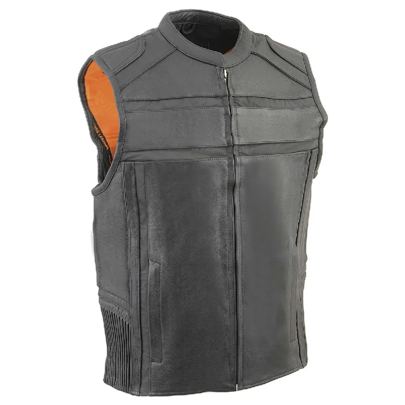 Preppy Pants Milwaukee Leather MLM3560 Men's Black Leather Vest - Reflective Piping Elasticized Waist Open Neck Motorcycle Vest