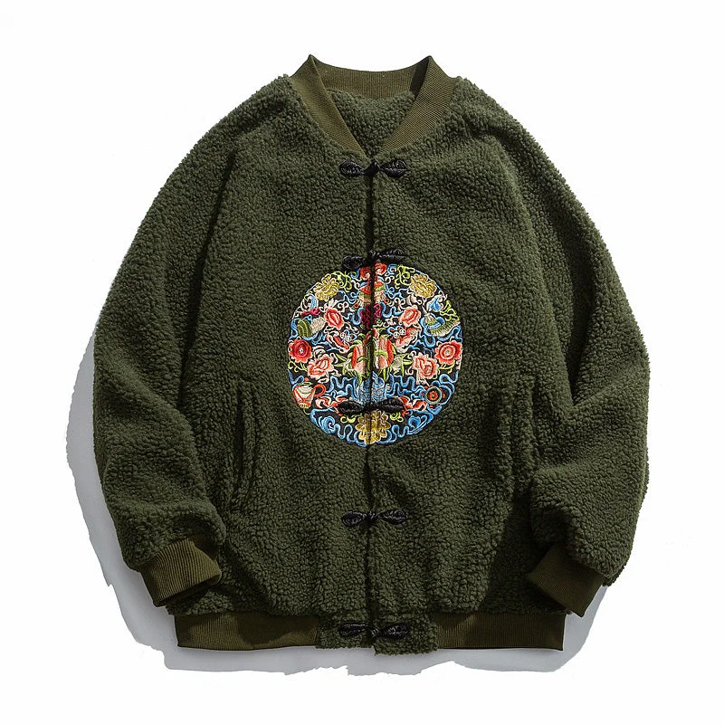 Stylish Sneakers Floral Circle Embroidery Thick Camo Fleece Unisex Chinese Style Jacket