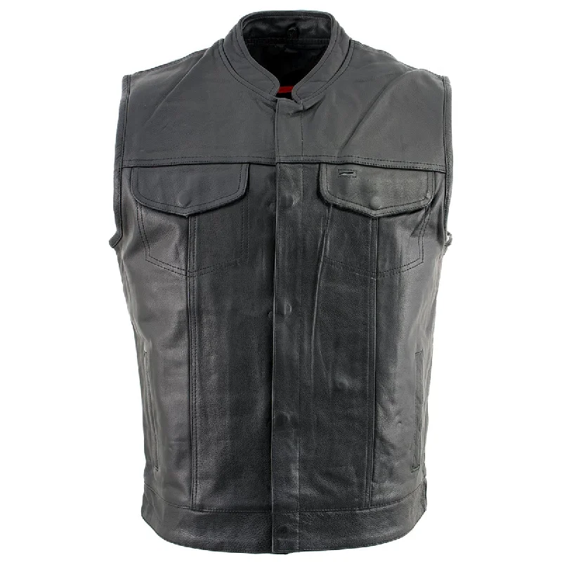 Long Trench Coats Leather King SH203601 Men's Black 'Club Style' Open Neck Leather Vest