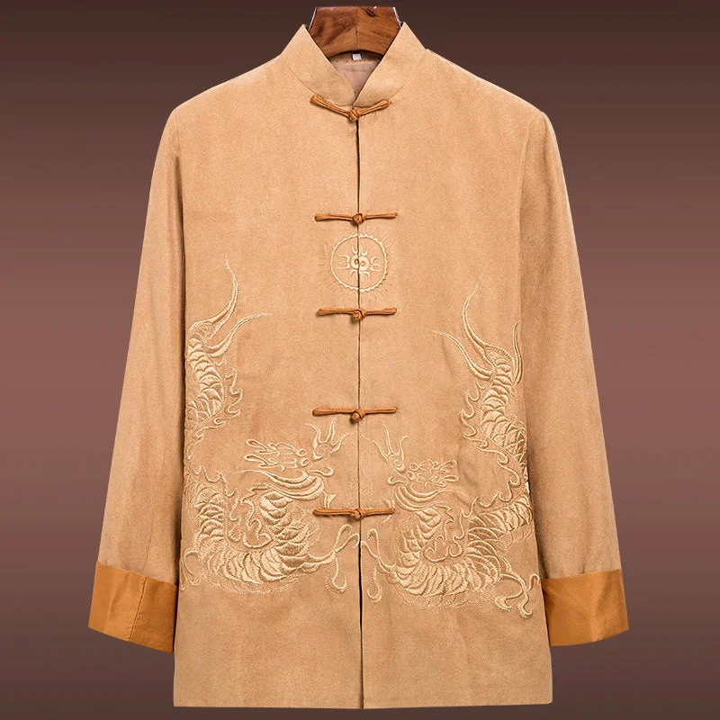 Heavy Coats Dragon Embroidery Chamois Leather Chinese Jacket