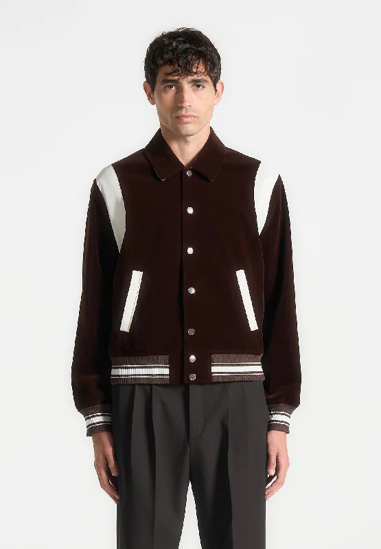 Hipster Style Velvet & Satin Varsity Jacket - Brown