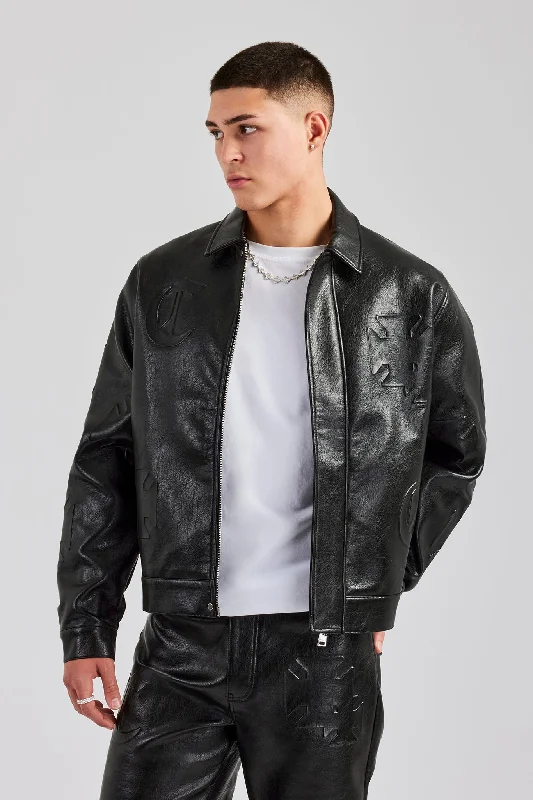 Sporty Suits Embossed Motif PU Harrington Jacket - Black