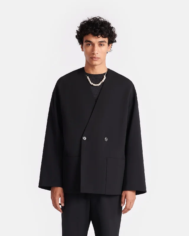 Relaxed Fit Cedric - Double-Breasted Twill Suiting Blazer - Black