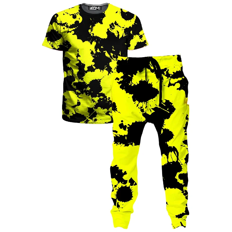 Work Boots Yellow and Black Paint Splatter T-Shirt and Joggers Combo