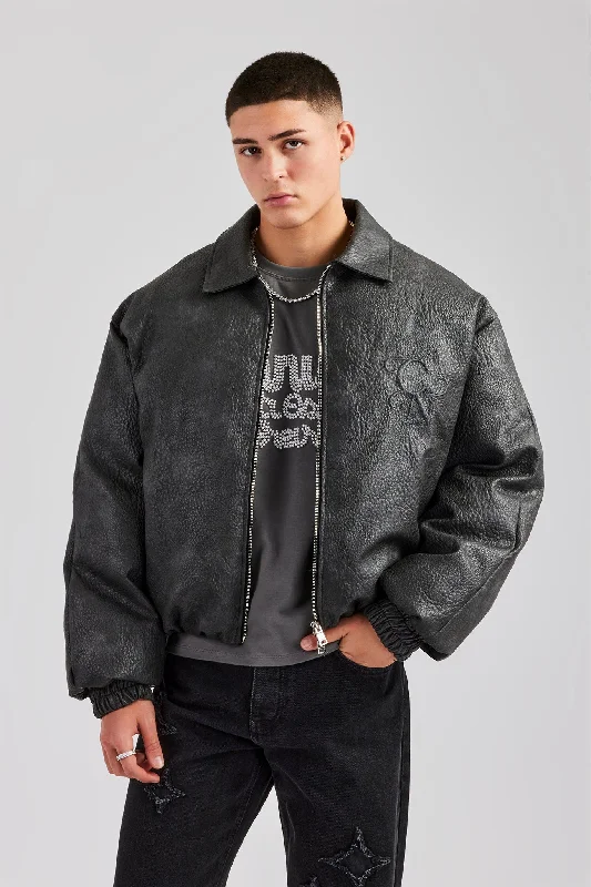 Heavy Coats Vintage PU Harrington Jacket - Charcoal