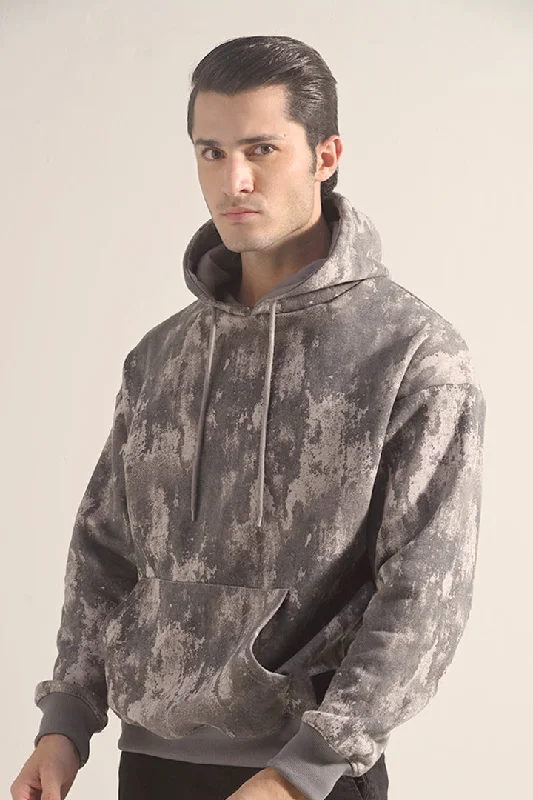 Relaxed Wear Printed Pullover Hoodie - Grey