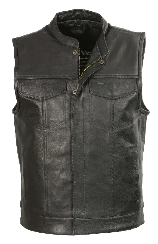 Sporty Look Club Vest CVM3710 Men’s Leather Black Open Neck Vest with Snap and Zip Front Closure