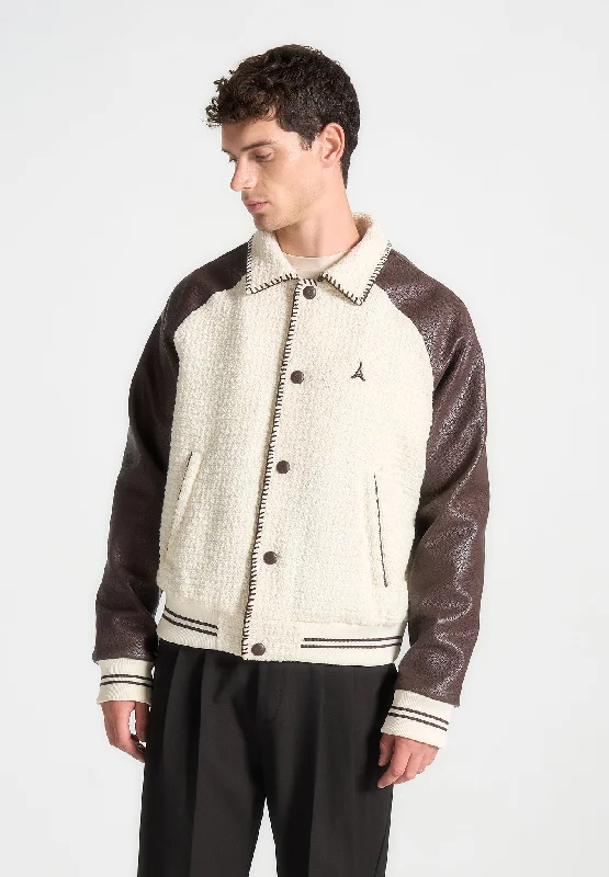 Leather Pants Tweed & Leather Varsity Jacket - Cream/Brown