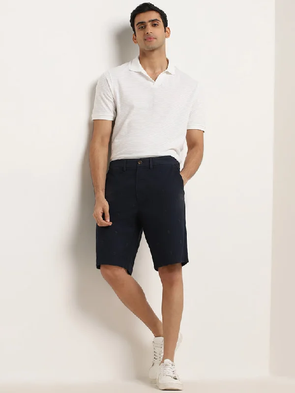 Techwear Fashion WES Casuals Navy Relaxed-Fit Mid-Rise Cotton Shorts