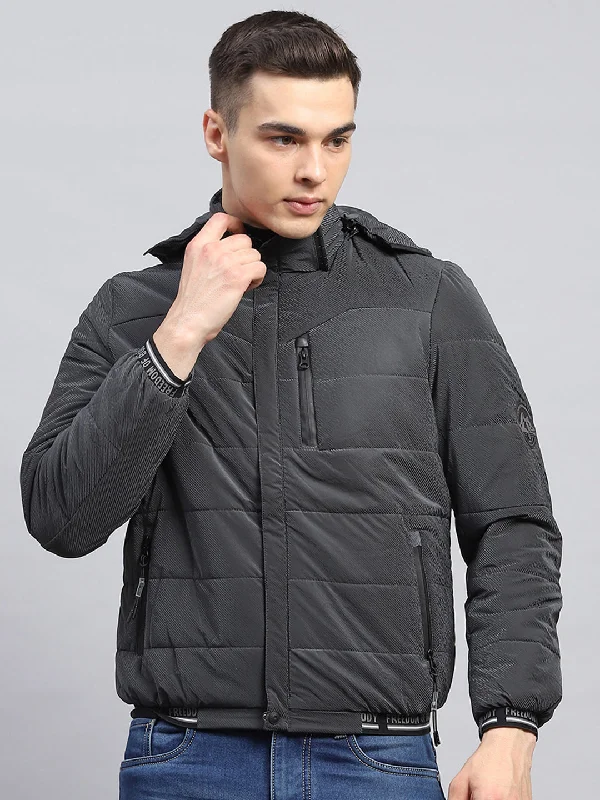 Jogging Jackets Men Grey Self Design Detachable Hood Full Sleeve Jacket