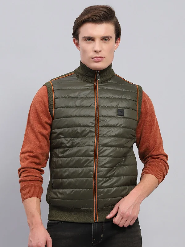 Sweater Vest Men Green Solid Mock Neck Sleeveless Jacket