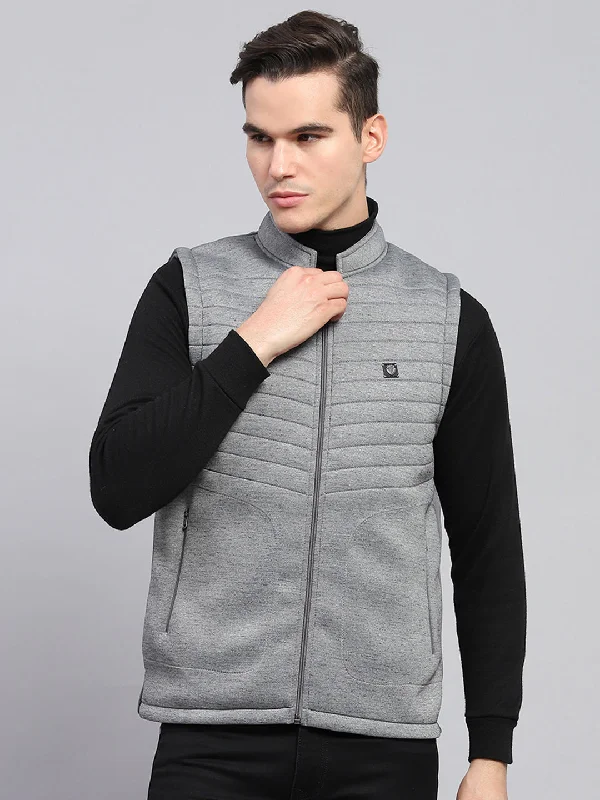 Street Shorts Men Grey Self Design Mock Neck Sleeveless Jacket