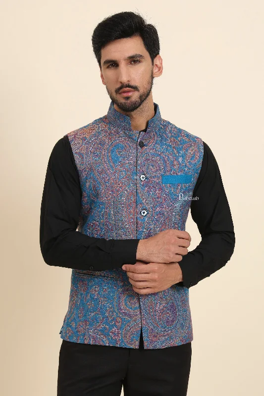 Parkas Style Pashtush Mens Woven Jacquard Waistcoat, Structured Slim Fit, Sapphire Blue