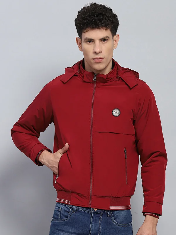 Trench Coats Men Maroon Solid Hooded Full Sleeve Jacket