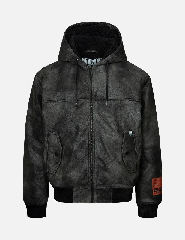 Bomber Jackets Hooded Grain Pattern Regular Fit Leather Bomber Jacket