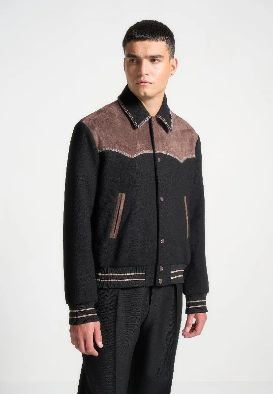 High-end Jackets Suede and Wool Whipstitch Varsity Jacket - Black/Brown