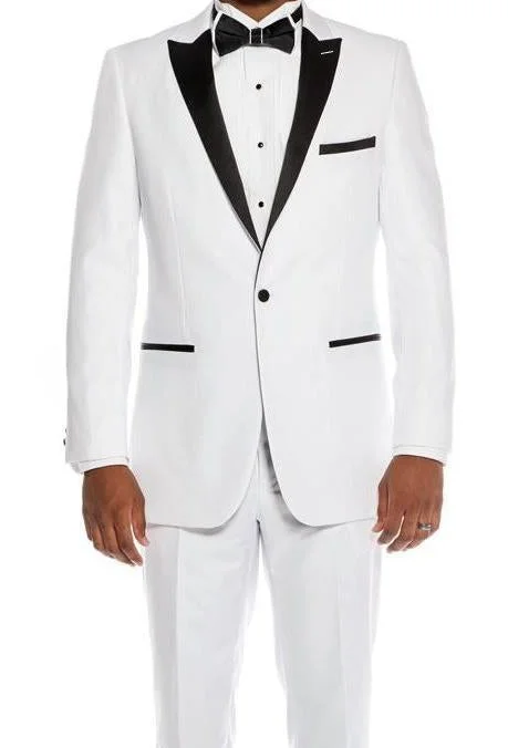 Casual Chinos Slim Fit 2 Piece White Tuxedo With Satin Peak Lapel