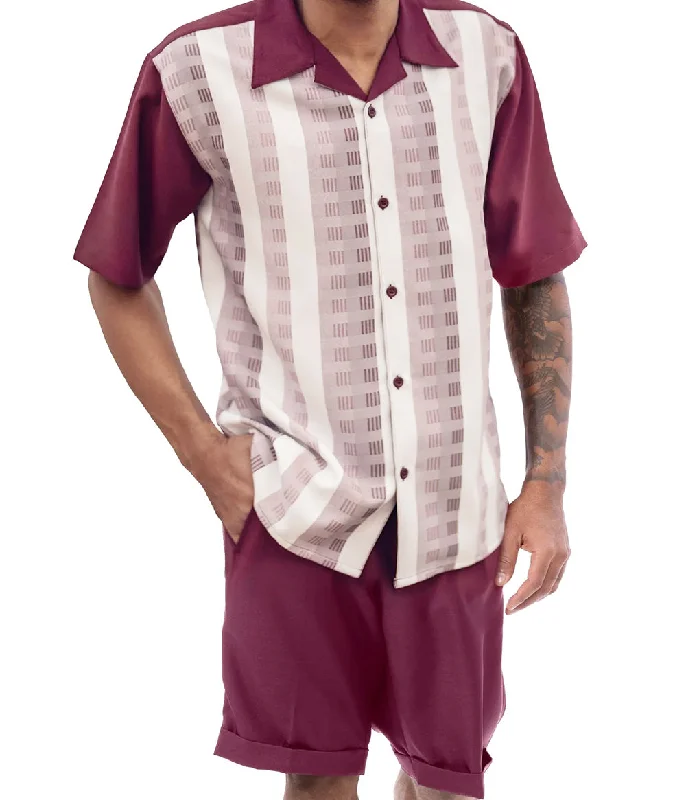 Hipster Style Burgundy Color Striped Walking Suit 2 Piece Short Sleeve Set with Shorts