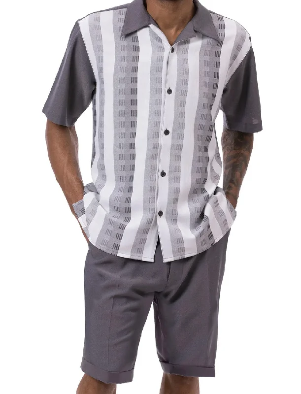 Dapper Suits Gray Color Striped Walking Suit 2 Piece Short Sleeve Set with Shorts