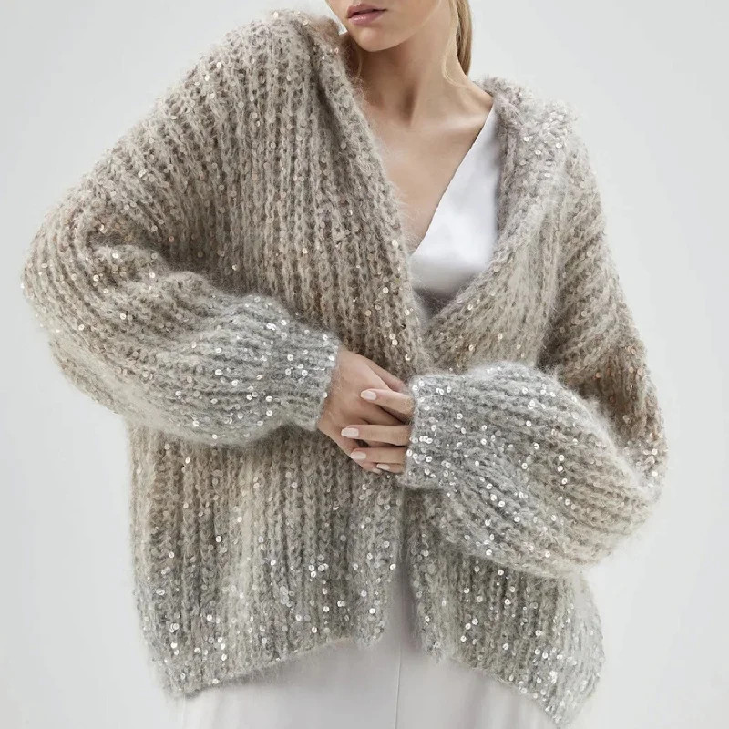 Hipster Style Sparkly Gradient Mohair Blend Rib Knit Hooded Button Up Sequin Cardigan