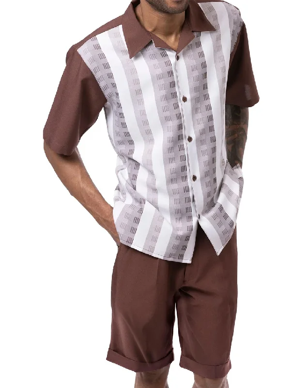 Classic Coats Brown Color Striped Walking Suit 2 Piece Short Sleeve Set with Shorts