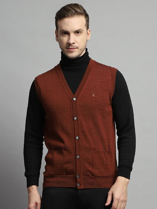 Parkas Style Men Rust Solid V Neck Sleeveless Cardigan