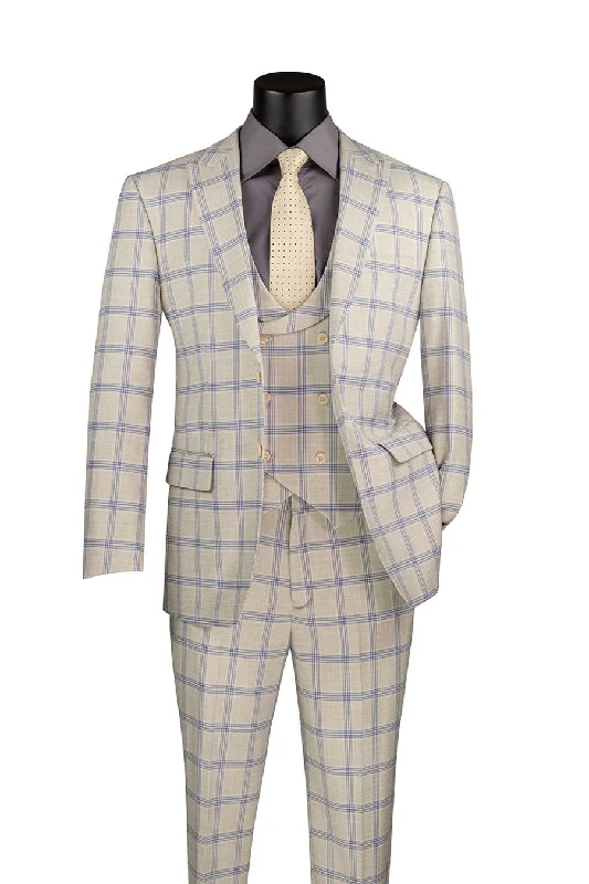 Casual Blazers Modern Fit Windowpane Suit 3 Piece with U-Neck Vest in Light Beige