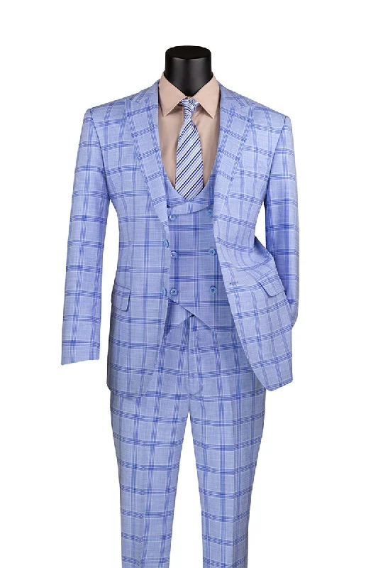 Sporty Jackets Modern Fit Windowpane Suit 3 Piece with U-Neck Vest in Light Blue