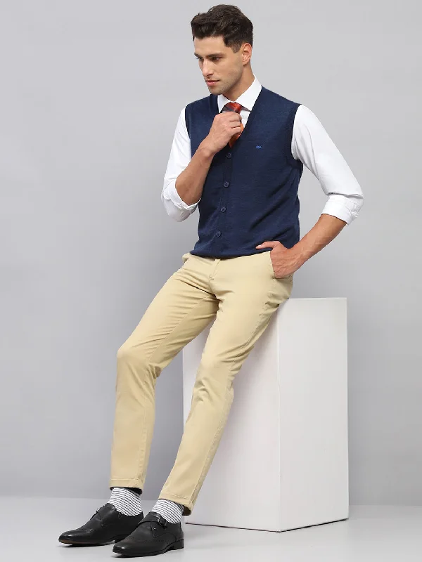 Casual Chinos Men Navy Blue Solid V Neck Sleeveless Cardigan