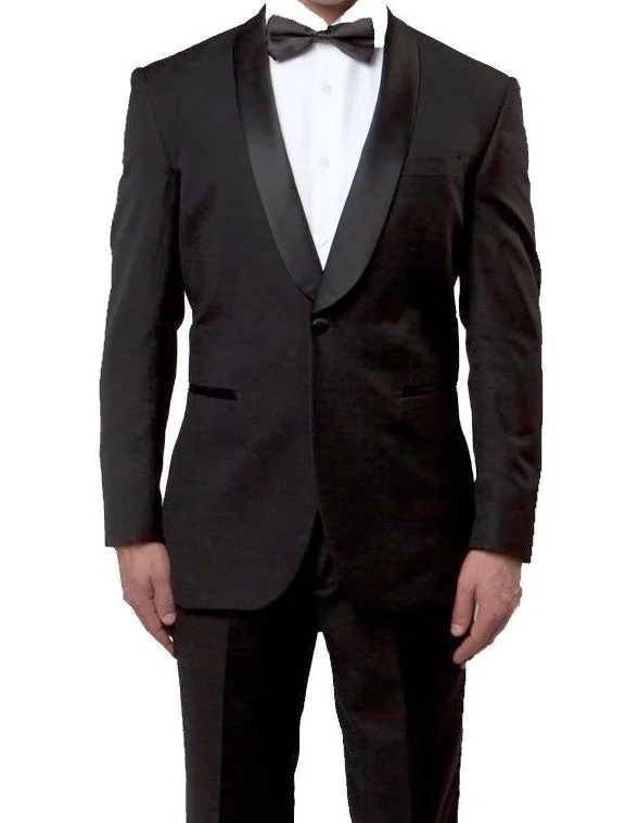 Heavy Coats Black Slim Fit Tuxedo With Satin Shawl Lapel 1 Button