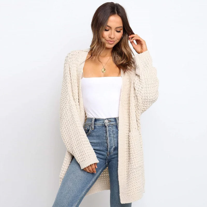 Bomber Jackets Casual Open Front Drop Shoulder Crochet Waffle Knit Cardigan