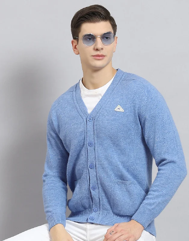 Street Hoodies Men Blue Solid V Neck Full Sleeve Cardigan