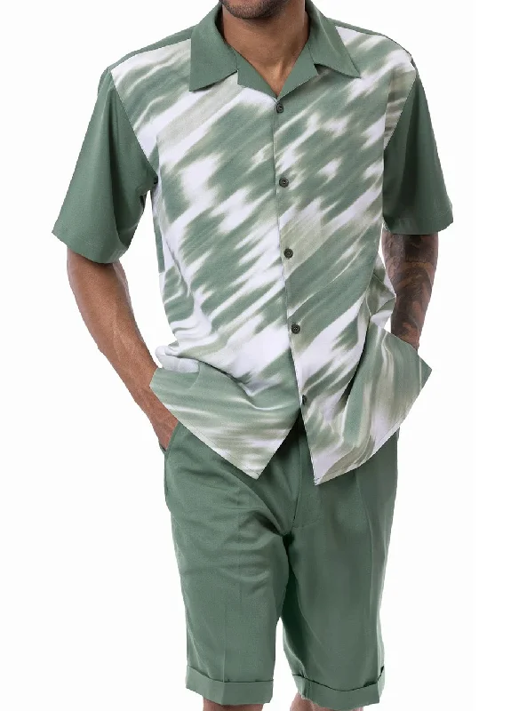 Designer Scarves Emerald Print Design Walking Suit 2 Piece Set Short Sleeve Shirt with Shorts