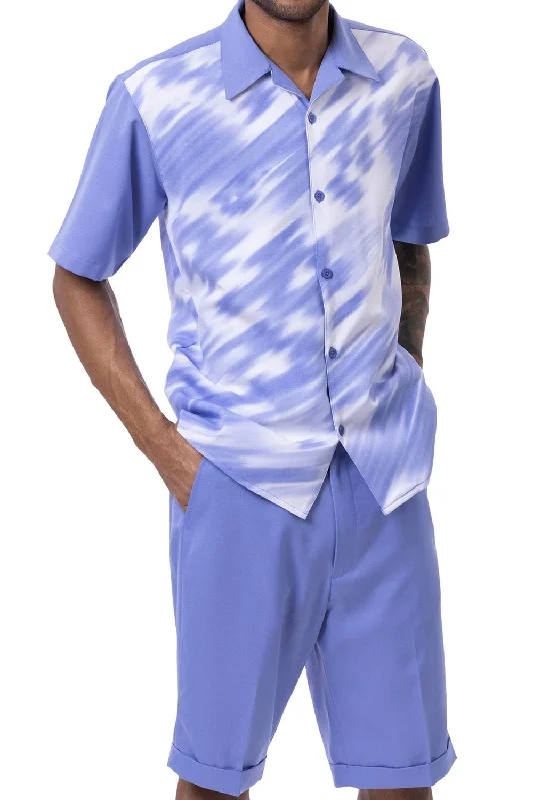 Casual Suits Blue Print Design Walking Suit 2 Piece Set Short Sleeve Shirt with Shorts