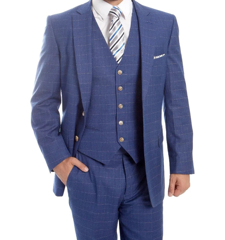 Street Tees Modern Fit 3 Piece Fine Wool Suit Windowpane Blue